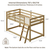 Vantic Low Bunk Bed with Guardrail and LED Light, Floor Toddler Bunk Bed Twin Over Twin with Wide Stairs, Convertible Soild Wooden Loft Bed for Kids with 6 Hooks, Space-Saving, Natural Wood Vantic