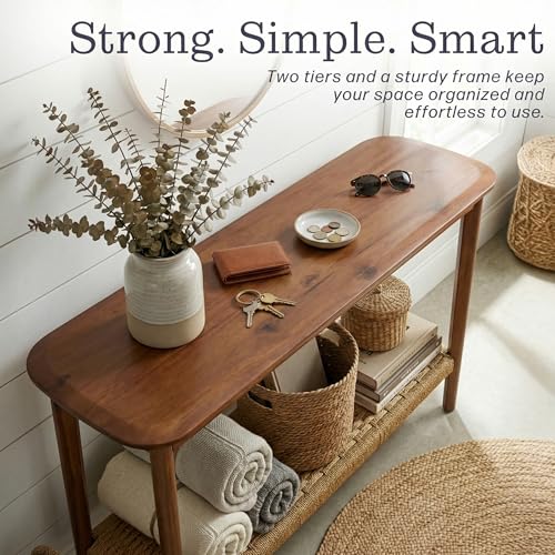 Alaterre Furniture Calais Living Room Collection – 48 Inch Solid Wood Entryway Table with Woven Storage Shelf – Mid Century Modern 2-Tier Sofa Table for Living Room, Hallway, or Foyer (Warm Chestnut) Alaterre Furniture