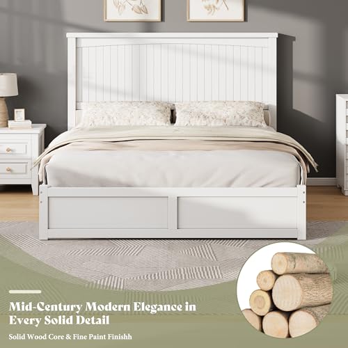 AMERLIFE King Size Solid Wood Bed Frame with 50" Tall Headboard, Mid-Century Modern Bed with Storage Drawers, Clean Wooden Platform Bed, 2 Side Drawers/No Box Spring Needed/White AMERLIFE