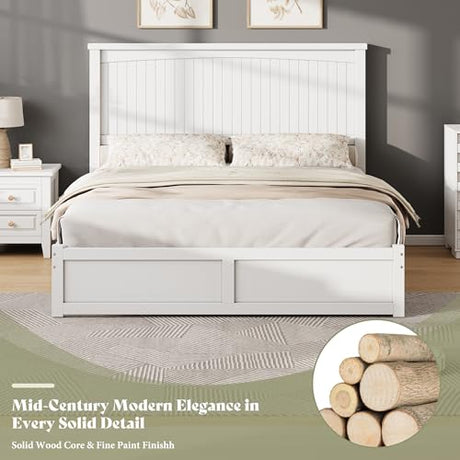 AMERLIFE King Size Solid Wood Bed Frame with 50" Tall Headboard, Mid-Century Modern Bed with Storage Drawers, Clean Wooden Platform Bed, 2 Side Drawers/No Box Spring Needed/White AMERLIFE