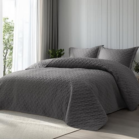 Bedsure Quilts King Size - Grey Bedspreads King Size with Basket Weave Pattern, Soft Quilt Bedding Set, Lightweight Comforter Set Coverlet for All Seasons with 2 Pillow Shams (106" x 96") Bedsure