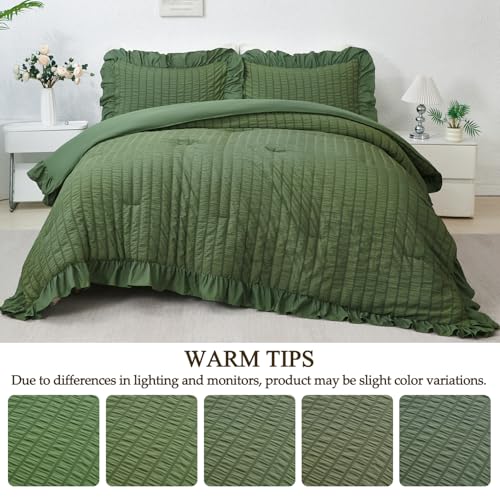 ZSYAYAHA Olive Green Bedding Set King Ruffle Comforter Set with Sheets 5 Pieces Seersucker Bed in A Bag for Women Men Soft Microfiber Bedding Sets with Ruffled Layers(Olive Green, King) ZSYAYAHA