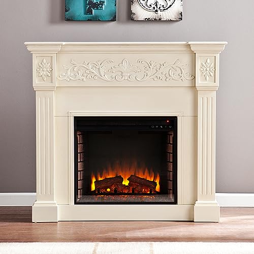 SEI Furniture Calvert Electric Carved Floral Trim Fireplace, 44.5" W x 14.5" D x 40.25" H, Ivory