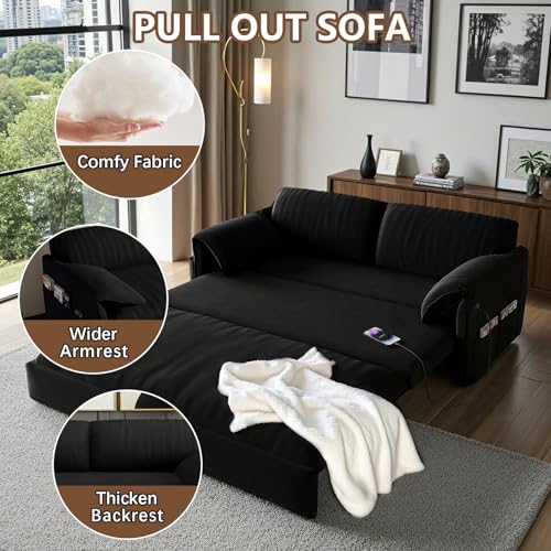 Gexpusm Futon Sofa Bed Queen Size,3-in-1 Convertible Sleeper Sofa,Pull Out Bed with Side Pocket,Loveseat Couch,Modern Futon Couch for Living Room,Small Space,Apartment,Bedroom (Black Velvet, 61") Gexpusm