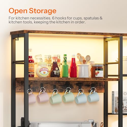 HOOBRO Bakers Rack with Power Outlet and LED Light, Microwave Stand with Sliding Barn Door, Coffee Bar Cabinet with 6-S Hooks, Kitchen Storage Shelf with Cabinet, Rustic Brown and Black BF23UDHB01