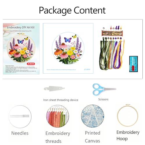 Zhenqing Flower Garden Embroidery Kit for Beginners, Pre-Printed 29x29cm Circular Cotton Fabric with 20cm Hoop, Vibrant Design with Butterflies and Lavender(JC0050