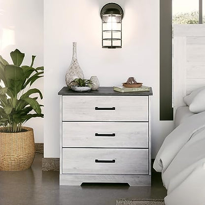 Prepac Rustic Ridge Farmhouse 3-Drawer Nightstand, Washed White, ADNR-1603-1 - WoodArtSupply