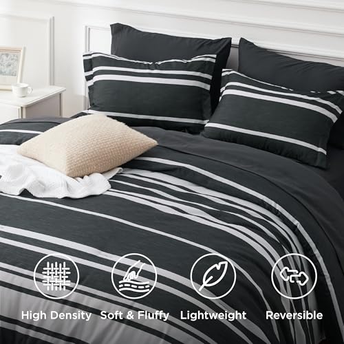 Bedsure Full Comforter Set 7 Pieces, Black Striped Bedding Set for All Seasons, Reversible, Cationic Dyeing Bed in a Bag with Comforter, Sheets, Pillowcases & Shams Bedsure