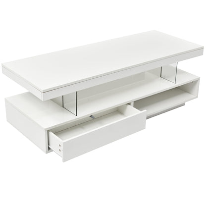 LED Coffee Table with Storage, Modern Center Table with Open Display Shelf & 2 Double Sliding Drawers, Accent Furniture with LED Lights for Living Room, Easy Assembly (White-HH80) - WoodArtSupply