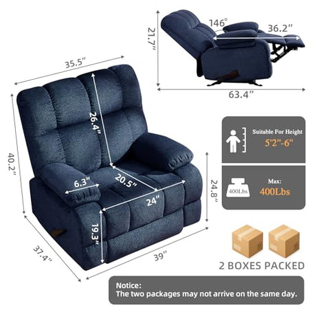 ParlorDream Oversized Rocker Recliner Chair, Overstuffed Extra Wide Manual Rocking Recliner, Adults Chair for Big Man, Nursery Reclining Sofa Chairs for Living Room, Blue ParlorDream