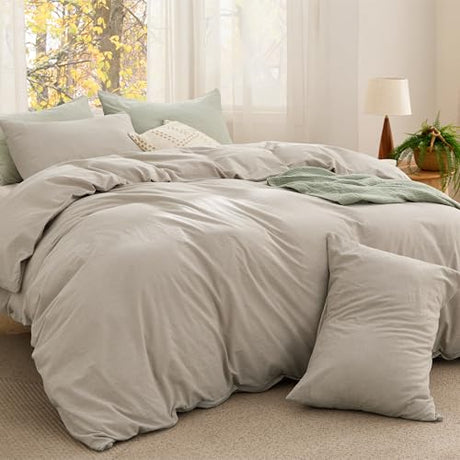 Bedsure Comforter Set Queen Size - Cotton Fabric with Microfiber Inner Fill, Linen Color Soft Bed Set for All Seasons, 3 Pieces, 1 Comforter (90" x 90") and 2 Pillow Cases (20" x 26") Bedsure