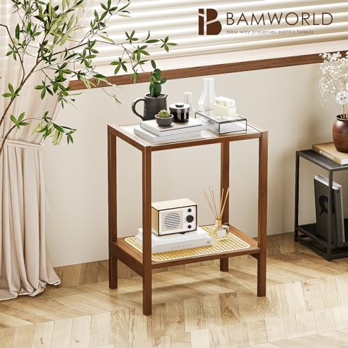 Bamworld Side Table End Table Rattan Night Stand for Small Spaces Bedroom, Living Room, Rattan Glass Bamboo Coffee Bedside End Table 2-Tier with Storage Boho Bamworld