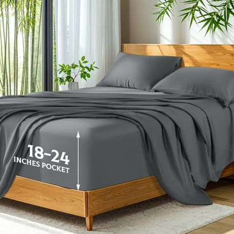 SONORO KATE 100% Viscose Derived from Bamboo_, Extra Deep Pocket up to 18"-24",Ultra Soft & Cooling Sheets for Hot Sleepers, Hotel Luxury Silky Bed Sheets (Dark Grey,King) SONORO KATE