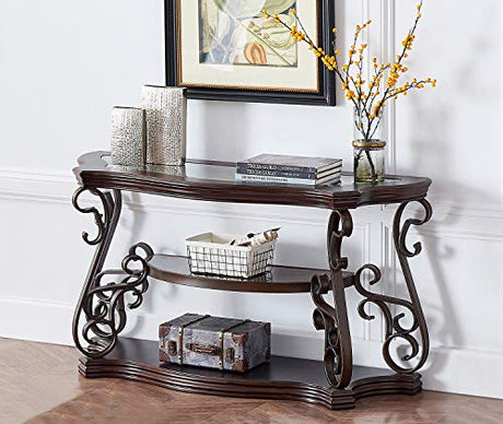 Henf Traditional Console Table Accent Sofa Table with Tempered Glass Top and Middle Shelf, Vintage Half Moon Console Table Entryway Table for Living Room Hallway Corridor, Easy Assembly Henf
