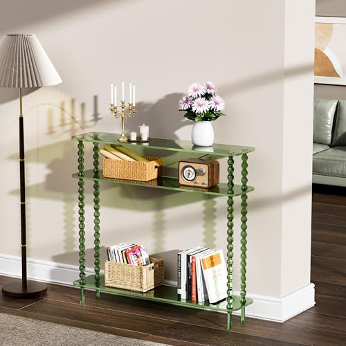 Dewrhiixe Acrylic Console Table Narrow, 3 Tier Long Entryway Table with Storage, Mid-Century Modern Sofa Table Entry Table for Living Room, Hallway (Green, 39.4“×9.4”×35.4“) Dewrhiixe