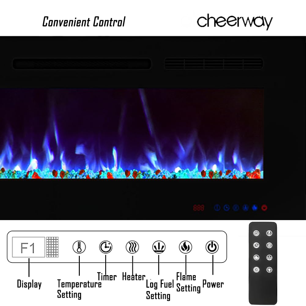 Cheerway 60 inch Electric Fireplace Heater, Wall Mounted & Recessed Electric Fireplace Insert, Ultra-Thin Linear Fireplace w/Thermostat, 13×13 Flame Color, Remote & Touch Control w/Timer, 750W/1500W Cheerway