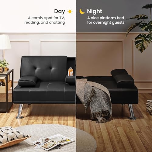 Futon Sofa Bed Modern Folding Couch for Small Space, Faux Leather Convertible Loveseat Sleeper Bed Daybed Recliner Lounge Sofas for Living Room,2 Cup Holders,Metal Legs,Removable Armrests (Black) Anwick