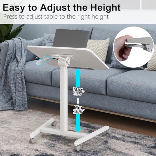 PUNCIA 90°Tiltable Small Standing Desk with Stoppers Mobile Rolling Laptop Table on Wheels Pneumatic Adjustable Height Computer Workstation Stand Up Cart Bedside Overbed Table for Home Office White PUNCIA