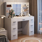 YESHOMY Vanity Desk with Mirror, Power Outlet and 10 Lights, Makeup Table with 7 Drawers, 3 Color Modes Available for Bedroom, Clear White YESHOMY
