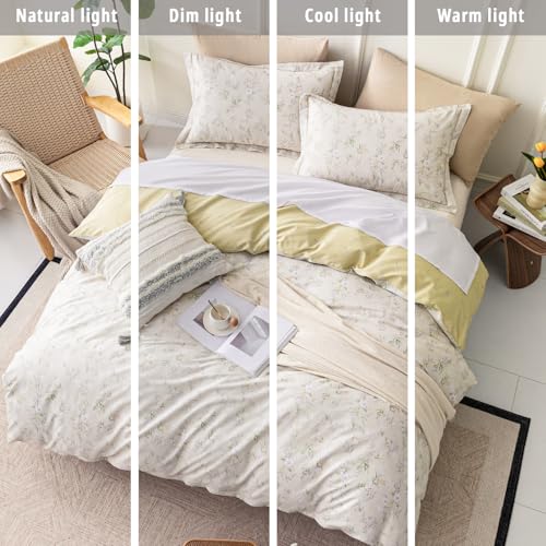 LEMIROE Vintage 100% Cotton Duvet Cover King Size 3PC - Delicate White & Golden Flowers on Beige, Textured Dusty Yellow Back, Botanical Luxurious Bedding Sets with Button Closure (King, 104"×90") LEMIROE