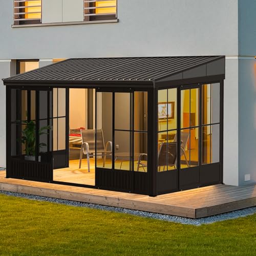 Domi 12x14FT Wall Mounted Sunroom, Against Wall Solarium with Galvanized Steel Sloping Roof, Detachable PVC Screen, Lockable Sliding Front and Side Doors, Lean-to Gazebo Sun Room for Deck Patio domi outdoor living
