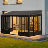 Domi 12x14FT Wall Mounted Sunroom, Against Wall Solarium with Galvanized Steel Sloping Roof, Detachable PVC Screen, Lockable Sliding Front and Side Doors, Lean-to Gazebo Sun Room for Deck Patio domi outdoor living
