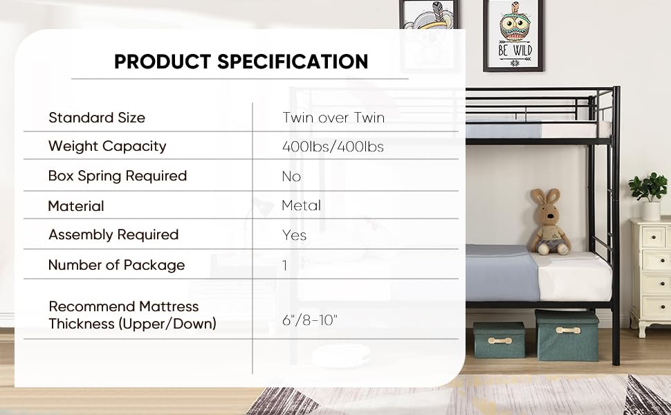 HomJoones Metal Bunk Bed Twin Over Twin Sturdy Heavy Duty Bunk Beds with 2 Side Ladders,Space Saving,No Box Spring Needed,for Boys Girls Teens Adults, Bedroom, Dormitory (Black) HomJoones