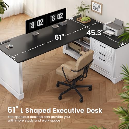 SEDETA Farmhouse 61" Executive L Shaped Desk, Home Office Desk with File Drawers, Computer Desk with Power Outlets and Storage Shelves for Home Office, White SEDETA