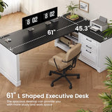 SEDETA Farmhouse 61" Executive L Shaped Desk, Home Office Desk with File Drawers, Computer Desk with Power Outlets and Storage Shelves for Home Office, White SEDETA