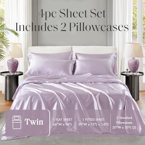 Madison Park Satin Sheets Twin Size, Luxurious Silky Bed Sheets, Elastic 14" Pocket fits up to 16" Mattress, Wrinkle-Free, Soft Satin Bed Sheet Set, Lilac 4 Piece Madison Park