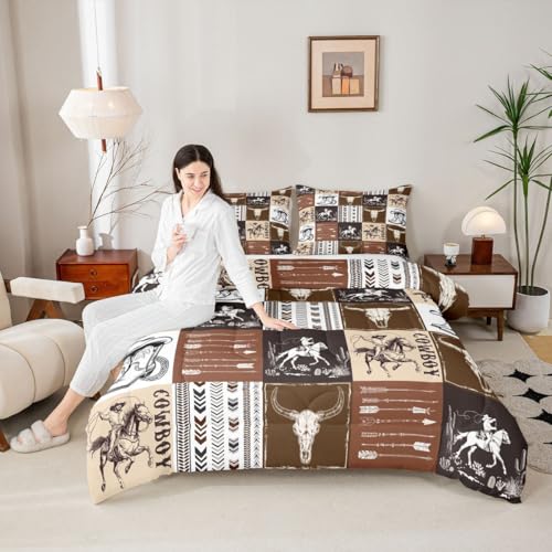 Cowboy Comforter Set Full Size,Southwestern Aztec Country Horse Bedding Set 3pcs,Rustic Ranch Retro Animal Down Comforter,Brown Patchwork Farmhouse Bed Set for Kids Boys Teens,2 Pillowcases,No Sheets Manfei