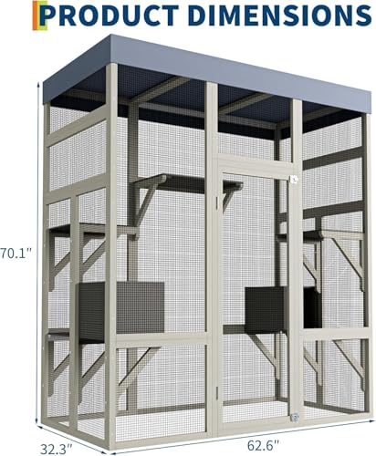 70" Large Outdoor Catio Cat Enclosure, Wood Cat Patio with Waterproof UV-Resistant Roof, Cats Shelter with 5 Platforms and 2 Resting Box, and Secure Rust-Proof Wire for Backyard or Patio GarveeTech