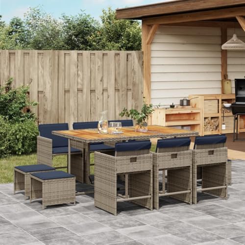 vidaXL 11-Piece Patio Dining Set with Cushions – PE Rattan, Powder-Coated Steel, Acacia Wood, Navy Blue Cushions, Gray/Brown, Space-Saving for Outdoor, Garden, Backyard Use - WoodArtSupply