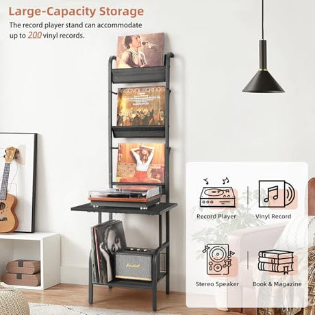 Record Player Stand with Vinyl Storage for up to 200 Albums, Turntable Stand with Record Holder Display Shelf Tewinko