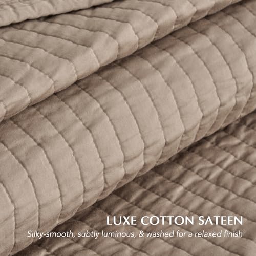 EVERGRACEHOME Cotton Sateen Quilt Set King Size, Pre-Washed Cotton Channel Stitch Coverlet Bedspread, 3 Pieces Lightweight Soft Bedding Sets for All Season, with 2 Pillow Shams, Stone Taupe EVERGRACEHOME