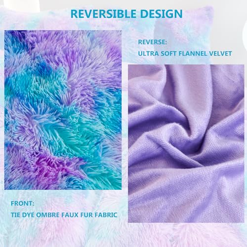 SUCSES Blue Purple Fluffy Twin Bedding Sets for Girls 3Pcs Faux Fur Plush Shaggy Kids Duvet Cover Set Twin Size Tie Dye Velvet Furry Comforter Cover Set SUCSES