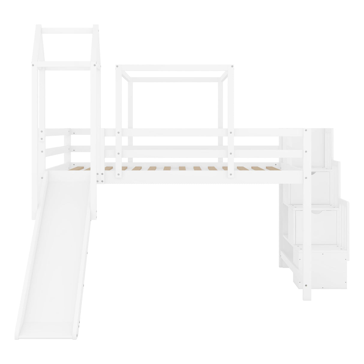 Merax Low Loft Bed Full Size with Slide and Storage Stairs, Wood Loft Bed with Tent & Tower, for Boys & Girls, Pink Merax