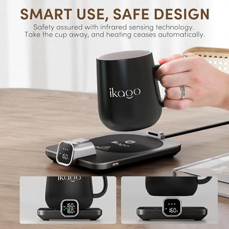 Coffee Mug Warmer & iKago Mug Set, Accurate Temperature Control Smart Heated Mug for Desk, Electric Coffee Warmer with Auto Shut Off & Real-Time Temp Display, Gifts for Men Women, 15oz Ceramic Mug Ikago