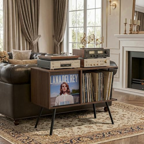 Faesun Flip Top Record Player Stand, Large Turntable Stand Holds up to 150+ Albums, Vintage Mid Century Record Player Table, Stereo Cabinet with Open Storage, for Living Room, Bedroom, Walnut Faesun