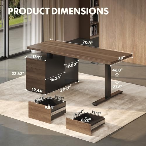 FLEXISPOT 71" Executive Standing Desk with Drawers & PC Case, Secretary Desk with Dual Motor Lift, 222 LBS Capacity, 1" Thick Desktop, Ideal for Home Office Workstation, Black Walnut, 3 Packages FLEXISPOT
