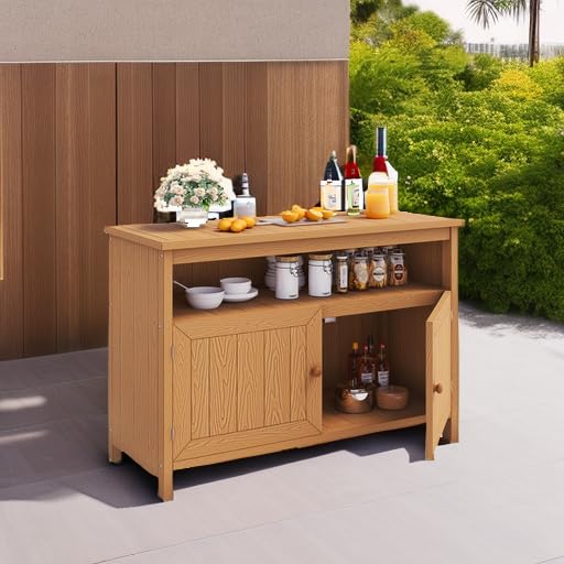 DWVO Poly Lumber Outdoor Sideboard, Patio Bar Table with Storage and Shelves, Weather Resistant Storage Cabinet for Outdoor, Pool and Garden - Brown DWVO