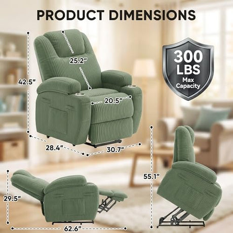 Flamaker Power Lift Chair Massage Recliner Chairs for Elderly, Corduroy Ergonomic Design with Cup Holders & Side Pockets, Remote Control (Green) Flamaker