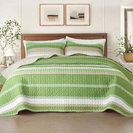 Whale Flotilla Twin Quilt Set - Reversible Green Quilts Twin Size with 1 Pillow Sham, Lightweight Boho Striped Bedspreads Coverlet Bedding Set for All Seasons Whale Flotilla