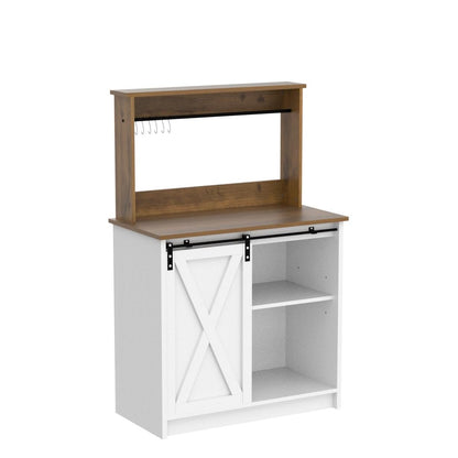 4ever2buy Farmhouse Coffee Bar Cabinet with Storage, Kitchen Buffet Sideboard Storage Cabinet with 6 Hooks,White Coffee Bar Table with Sliding Barn Door & Adjustable Shelf for Living Room