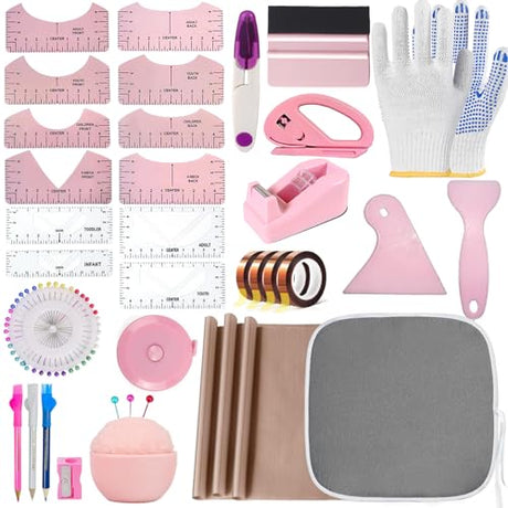 QUKLOGEN Sublimation Shirts Tool Kits Shirt Measure Ruler Set Include 12 T Shirt Guide Ruler,Portable Pad for Ironing,Teflon Sheet for Heat Press,Heat Resistant Tape Craft Sewing Accessories QUKLOGEN