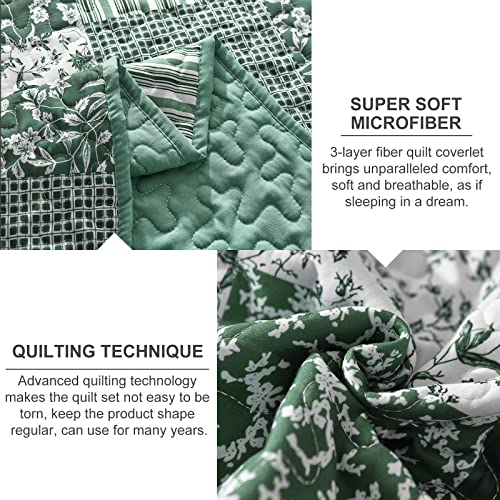 Mybedsoul Sage Green Boho King Quilt Set, 3-Piece Reversible Soft Plaid Floral Bedding Set with 2 Pillow Shams - Sage Green King Size Quilt Bedspread Coverlet Set 90"x104" Mybedsoul
