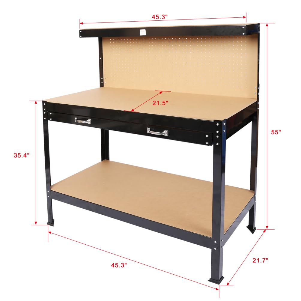 BouPower Garage Workbench with Storage,Workbench with Pegboard,Heavy Duty Work Benches with 2 Drawers for Garage,Commercial,Office,Home 55inches - WoodArtSupply