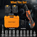 Protmex 3/8'' Cordless Ratchet Wrench, 60FT-LBS (80N.m) Electric Ratchet with 21V 2 X 2.0Ah Battery, 400 RPM Chargeable Power Ratchet Driver Set with 8 Sockets,1/4 Adaptor, 3" Extension Bar Protmex