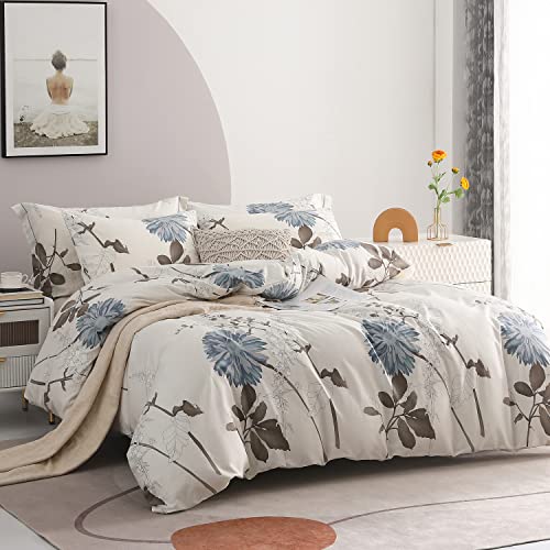 SLEEPBELLA Comforter King Size, 600 Thread Count Cotton Brown Branches and Blue Flowers Off-White Comforter Sets, Down Alternative Bedding Set 3Pcs(King, Off-White Botanical) SLEEPBELLA
