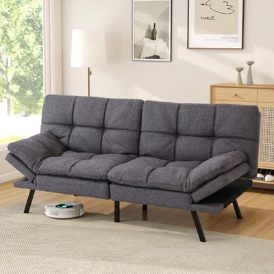 Opoiar Futon Sofa Bed Convertible Memory Foam Couch Bed, Modern Sleeper Sofa with Adjustable Armrests&Backrests, Christmas Futon Sets for Compact Living Spaces Office Dorm Bonus Room,Grey